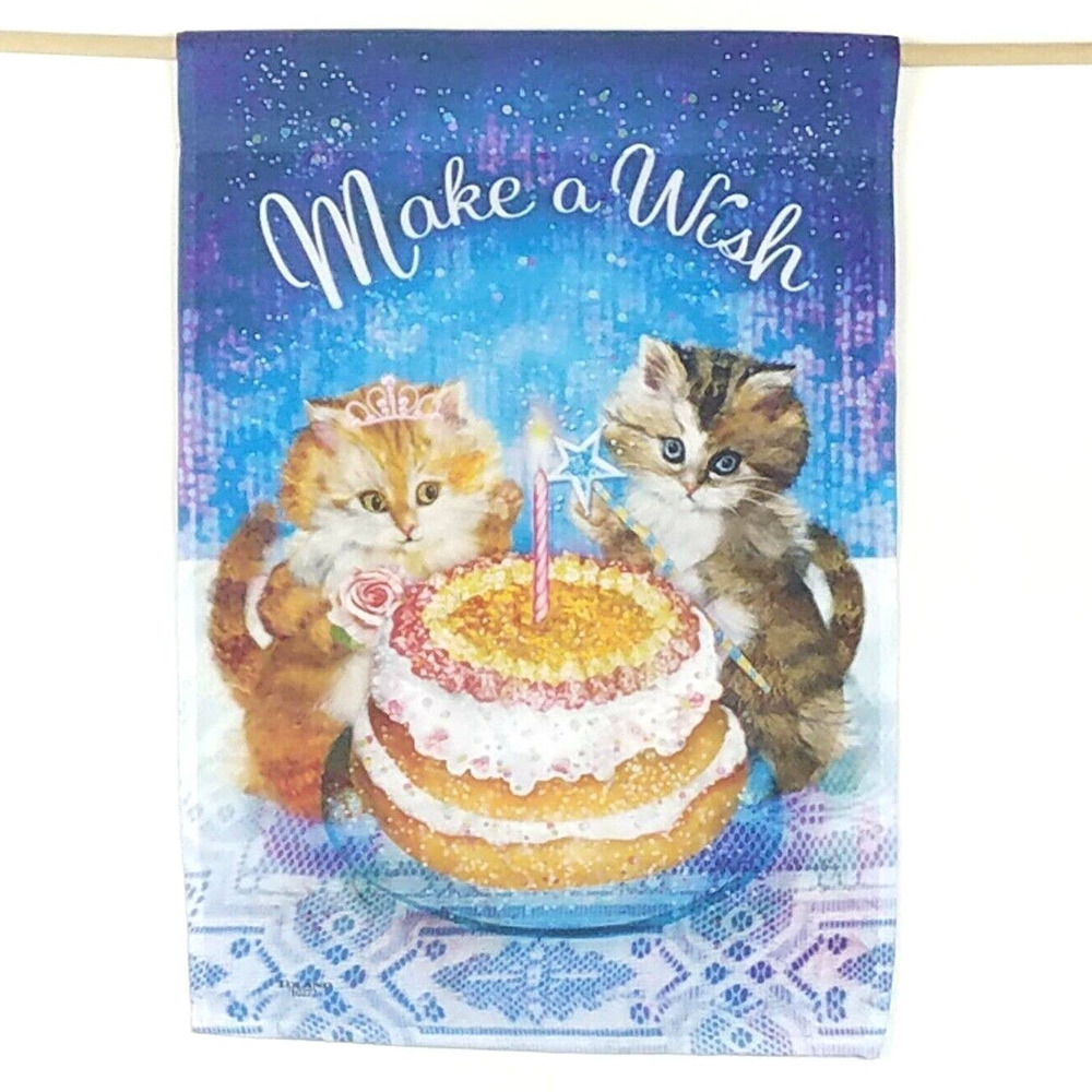 Kitten Make a Wish Birthday Cake Cats Cute 12.5 x 18 Garden Flag Banner